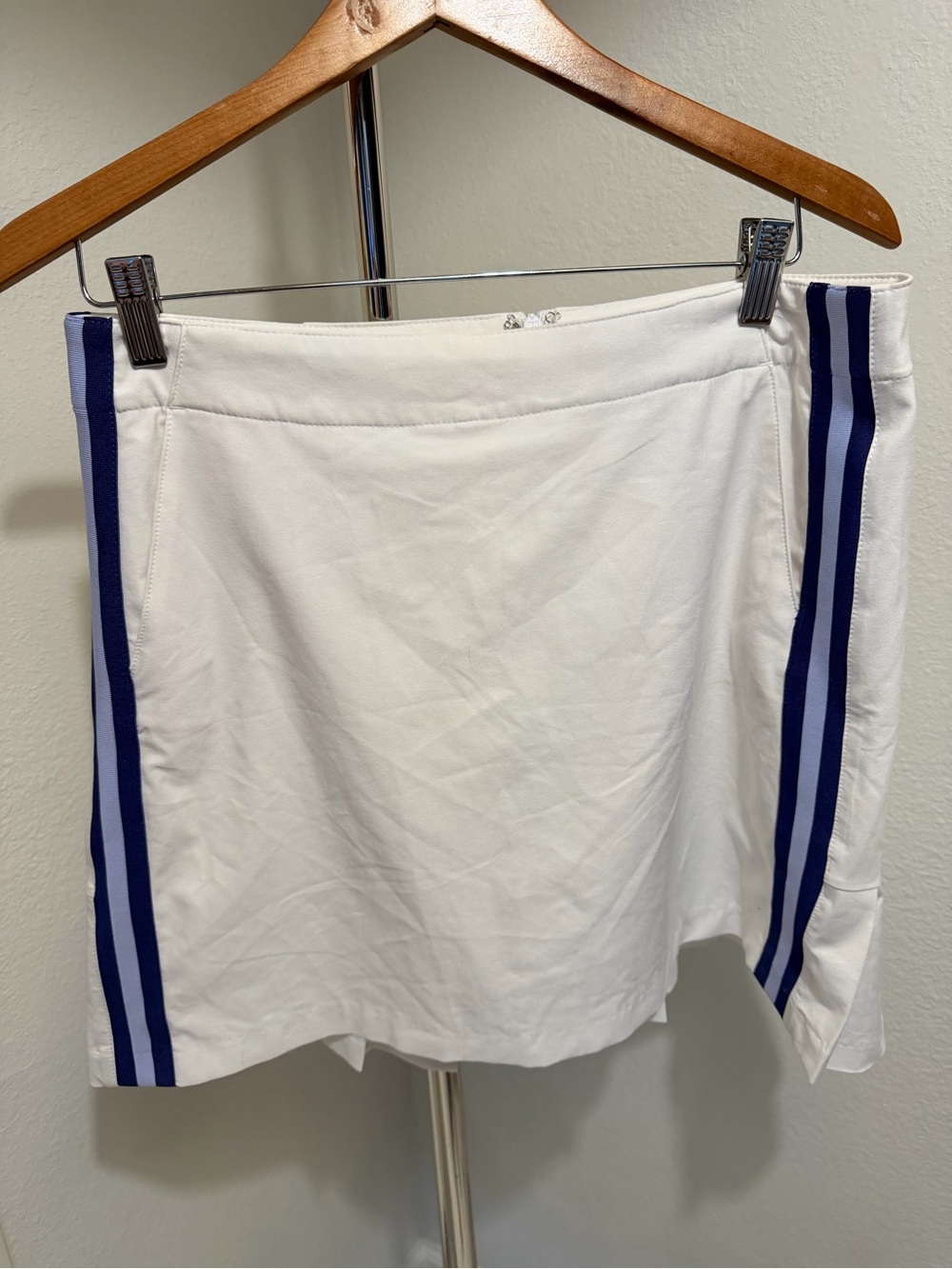 Lady Hagen White Tennis Skirt with Navy Side Stripes and Built in Shorts